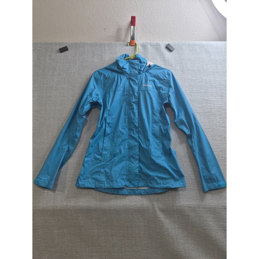 Marmot Precip Eco Rain Jacket Womens S Blue Wordmark Logo Mock Neck Cuffs